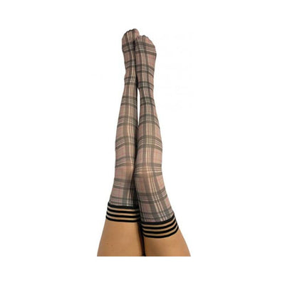 Legs wearing tan and grey plaid thigh-high socks with black striped tops on a white background.