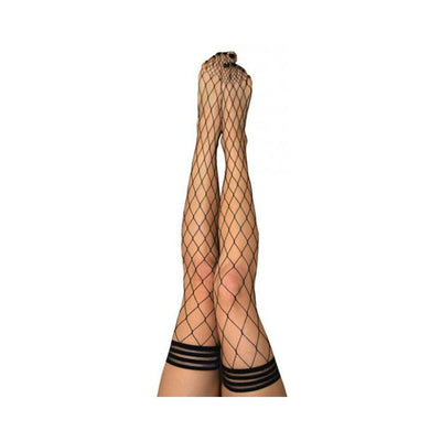 Legs wearing black large net fishnet thigh-highs with striped tops against a white background.
