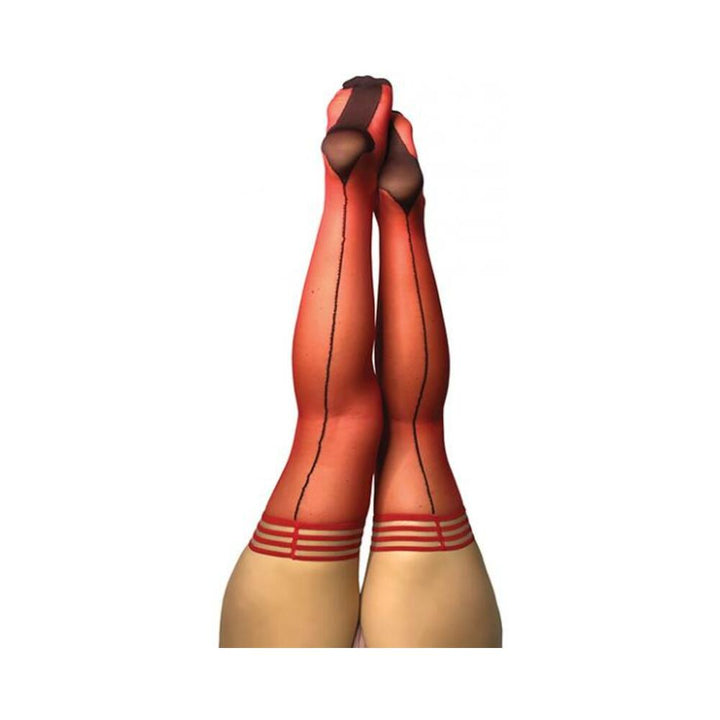 Legs wearing red sheer thigh-highs with black back seam and Cuban heel detail, shown from feet to mid-thigh.