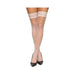 Legs wearing white fishnet thigh highs with triple stripe tops and black high heels on a white background.