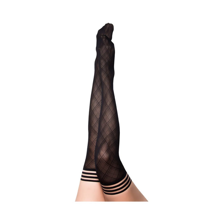 Black diamond-patterned thigh high stockings with striped silicone grip cuffs shown on raised legs against white background.
