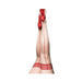 Legs wearing Kixies Whitney sheer red thigh-high stockings with back seam and striped top band, size A.