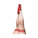 Pair of sheer red thigh-high stockings with back seam and triple band top in size C shown on legs raised upward.