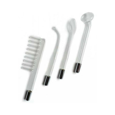 Set of four clear glass electrodes for Neon Wand, including comb, curved probe, spoon-shaped, and tube attachments.