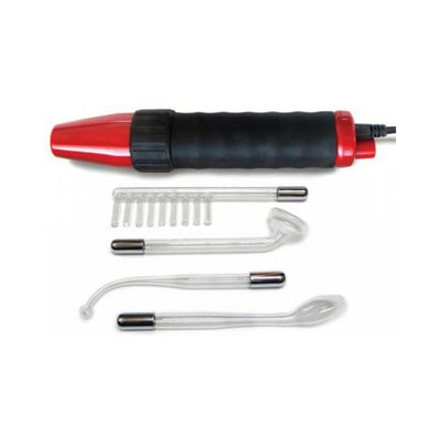 Kl Neon Wand with red handle and four clear glass electrode attachments on a white background.