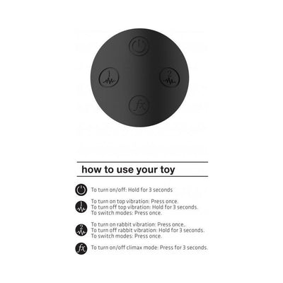 Black circular control panel with four buttons and instructions on how to operate the Kyra rechargeable silicone clitoral rabbit.