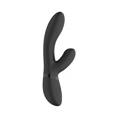 Sleek black rechargeable silicone clitoral rabbit vibrator with curved G-spot tip and textured clitoral stimulator.