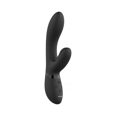 Sleek black rechargeable silicone clitoral rabbit vibrator with ergonomic curved design and control buttons on the handle.