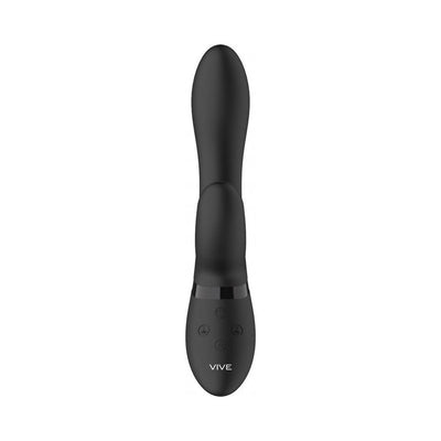 Sleek black rechargeable silicone vibrator with ergonomic design and control buttons, featuring a smooth, curved tip.