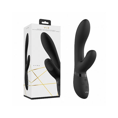 Black rechargeable silicone clitoral rabbit vibrator with dual motors and ergonomic design next to its white and gold packaging box.
