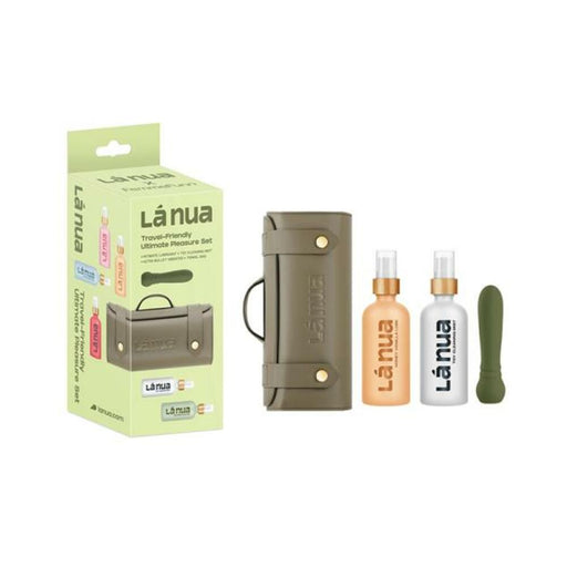 La Nua gift set with green ultra bullet, travel case, 100ml honey vanilla lube, and 100ml mist toy cleaner bottles.