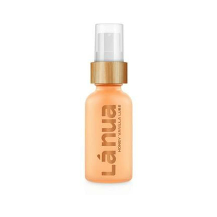La Nua Honey Vanilla water-based lubricant in a frosted orange pump bottle with wooden accent collar.