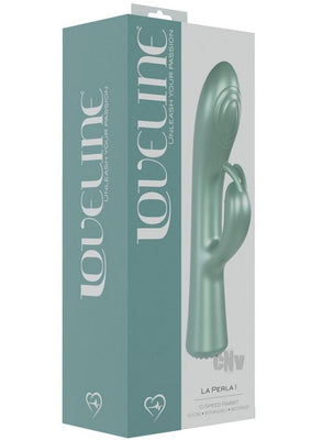 Packaging box of La Peria I Rabbit vibrator in teal and white with product image and branding details.
