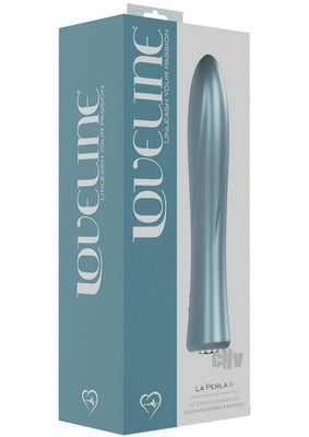 Blue La Peria II vibrator with sleek design displayed next to its teal and white Loveline branded packaging box.