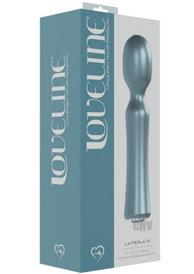 Blue La Peria IV wand vibrator with ergonomic design shown next to its blue and white Loveline branded packaging box.