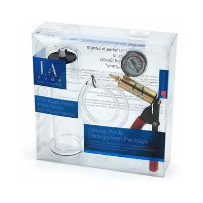 La Pump Deluxe vacuum pump package with clear acrylic cylinder, hand pump with pressure gauge, and connecting hose in clear retail packaging.