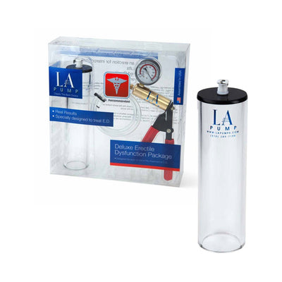 La Pump Deluxe Erectile Dysfunction vacuum pump package with clear acrylic cylinder and hand pump with pressure gauge in retail packaging.