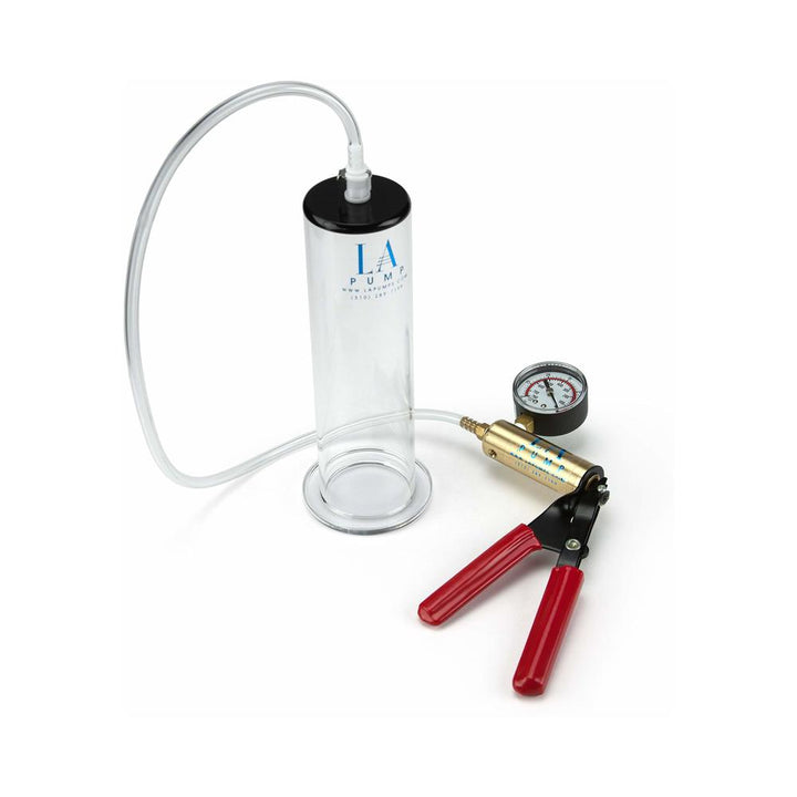 Clear acrylic vacuum therapy cylinder with black top, connected to a hand pump with red handles and pressure gauge.