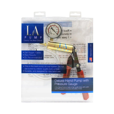 LA Pump Deluxe hand pump with pressure gauge and hose in clear retail packaging with blue and white label