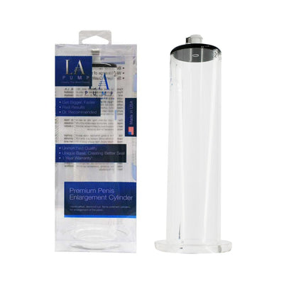 Clear LA Pump Regular 1.75 inch penis enlargement cylinder with packaging showing product details and branding.