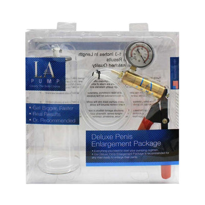 La Pump Deluxe Penis Enlargement Kit with clear 1.75-inch cylinder, metal pump, pressure gauge, and vacuum hose in packaging.