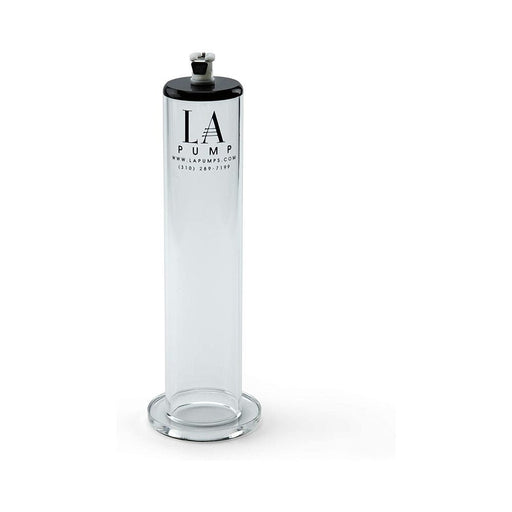 Clear LA Pump Regular 2.25-inch diameter cylinder with black top and safety valve for vacuum seal, standing upright on white background.