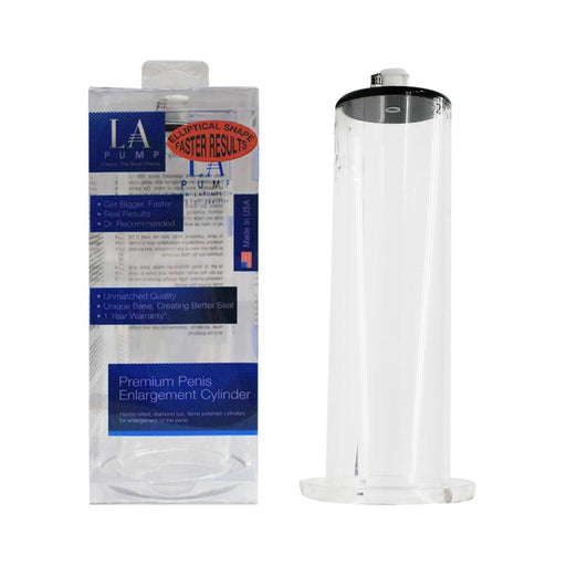 Clear LA Pump Wide Body 2-inch elliptical penis enlargement cylinder with packaging box showing product details.