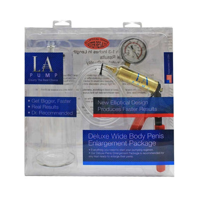 La Pump Wide Body 2in Cylinder and deluxe metal pump with pressure gauge in clear packaging for enlargement use.