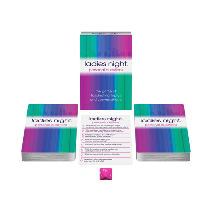 Ladies Night Personal Questions card game with colorful decks, question card, and pink eight-sided die on white background.