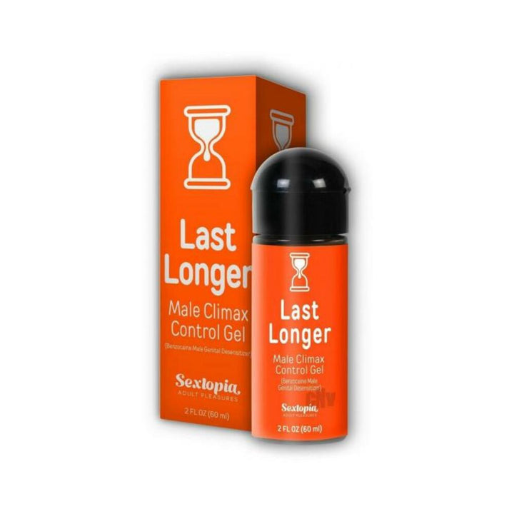 Last Longer Male Climax Control Gel 2 oz bottle with orange packaging and black cap by Sextopia