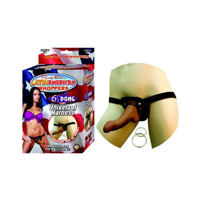 Packaging and demonstration of a 6.5-inch realistic curved dong with adjustable universal strap-on harness and extra rings.