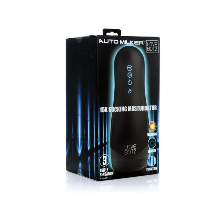 Packaging box of the Lb Handheld Milker with product image and features highlighted in black and blue design.