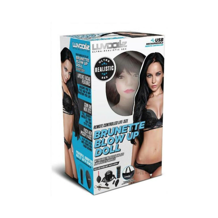 Packaging box of a remote-controlled life-size brunette blow-up doll with accessories and USB rechargeable remote.