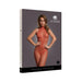 Packaging of Le Desir Fishnet and Lace Bodystocking in sunset glow featuring a model wearing the halter neck design.