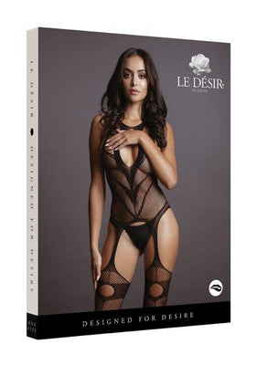 Packaging box featuring a model wearing a black lace-pattern suspender bodystocking with halter neck and attached stockings.