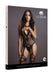 Packaging box featuring a model wearing a black lace-pattern suspender bodystocking with halter neck and attached stockings.