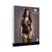 Packaging of Le Desir Lace Suspender Bodystocking featuring a model wearing black lace-patterned bodystocking with attached stockings and halter neck design.