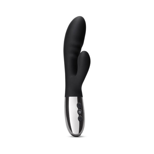 Black dual-motor rabbit vibrator with curved shaft, flexible clitoral stimulator, and chrome control base with buttons.