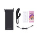 Le Wand Blend black dual-motor rabbit vibrator with USB charger, storage pouch, and user guides on white background.