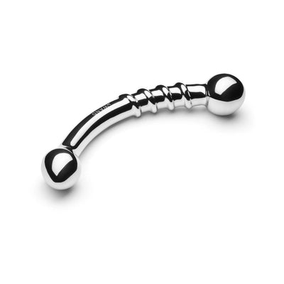Curved stainless steel Le Wand Bow with textured ridges and smooth rounded ends for targeted stimulation.