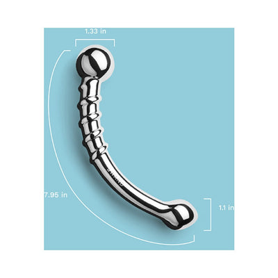 Curved stainless steel Le Wand Bow with textured bulbous end, measuring 7.95 by 1.33 inches on a blue background.