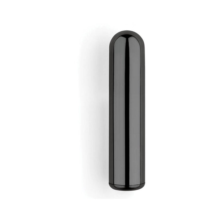 Sleek black metal Le Wand Bullet mini vibrator with smooth rounded design on white background.