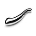 Sleek stainless steel Le Wand Contour with curved design and ridged handle for advanced, weighted pleasure.
