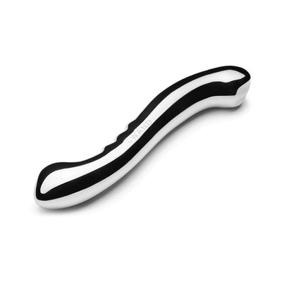 Sleek stainless steel Le Wand Contour with curved, ergonomic design and dual textured ends for advanced pleasure.