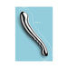 Sleek stainless steel Le Wand Contour with curved design and textured grip, shown with dimensions on blue background.