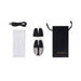 Le Wand Double Vibe with USB charging cable, textured silicone sleeve, user manual, and black drawstring travel pouch.