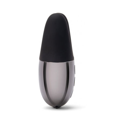 Compact Le Wand Double Vibe with sleek black silicone top and reflective silver base, standing upright on white background.