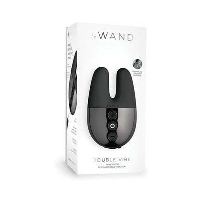 Le Wand Double Vibe rechargeable black vibrator with twin motors shown on white retail packaging box.
