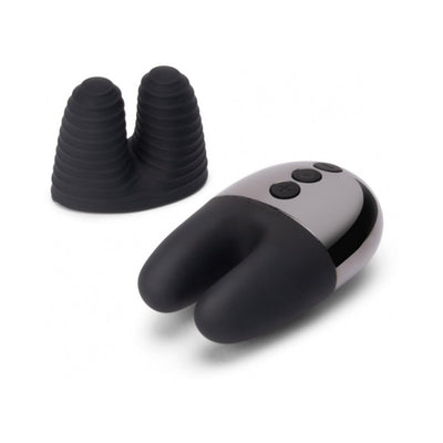 Le Wand Double Vibe with smooth black silicone ears and an extra textured silicone sleeve attachment.