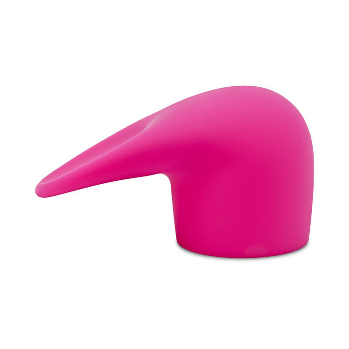 Bright pink flexible silicone attachment with a narrow, curved tip designed for targeted stimulation.